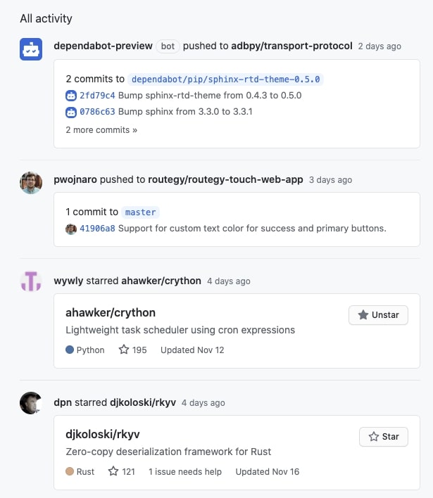 Screenshot of GitHub activity stream