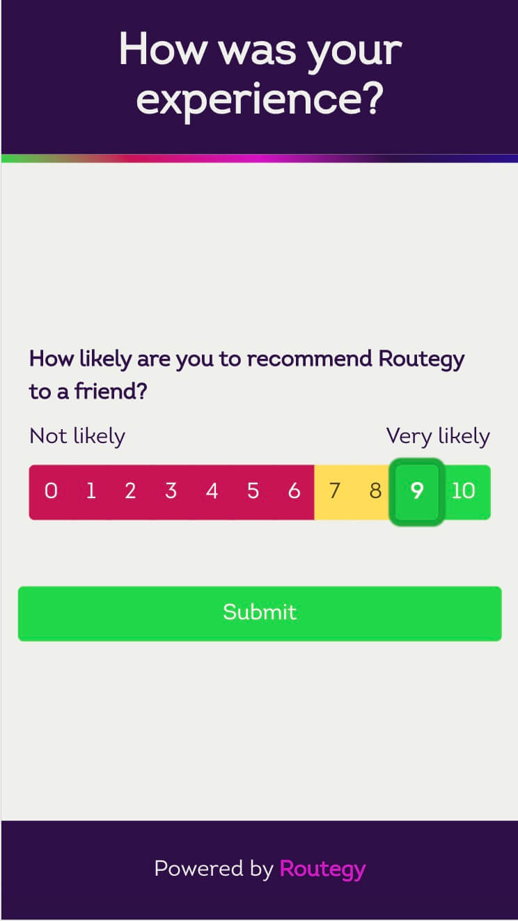 A touchpoint showing Routegy NPS survey question